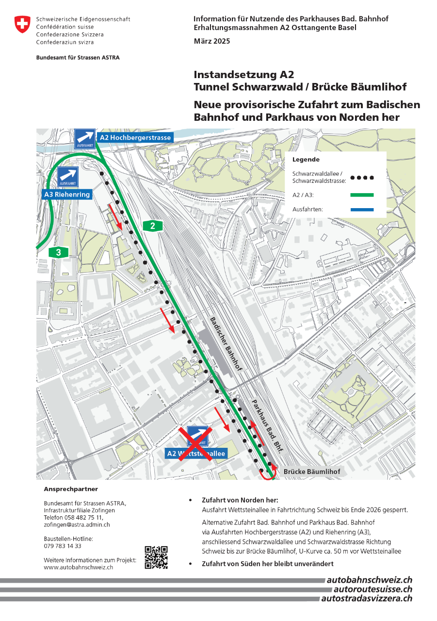 A2 Erhaltungsmassnahmen Osttangente Basel: Informationsplakat Sperrung Ausfahrt Wettsteinallee – März 2025